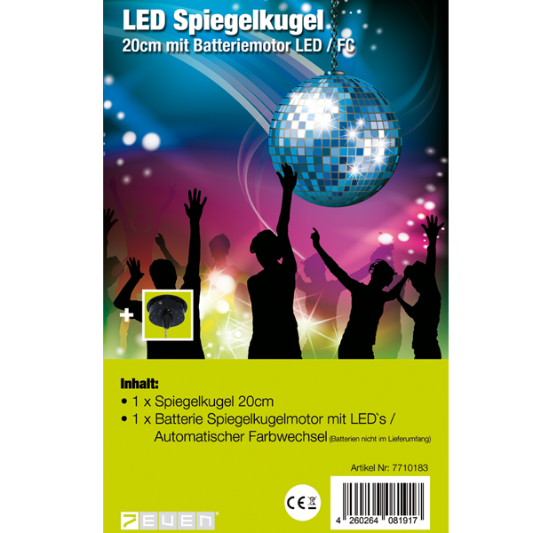 7even LED Spiegelkugel 20cm mit Batteriemotor und Farbwechsel / LED-Spiegelku…