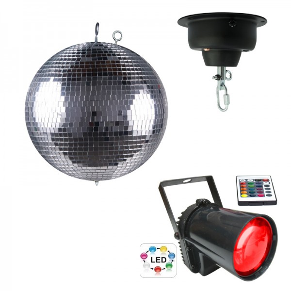 LED-Discokugel-Set 30cm komplett mit Motor und LED-Spot