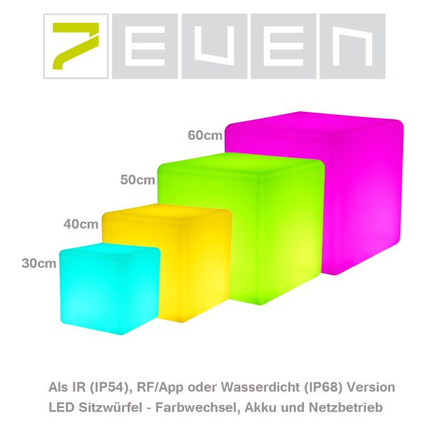 7even LED Design Cube 30 / LED Leucht Sitzwürfel / In und Outdoor / Akku und IR-Fernbedienung, 30cm
