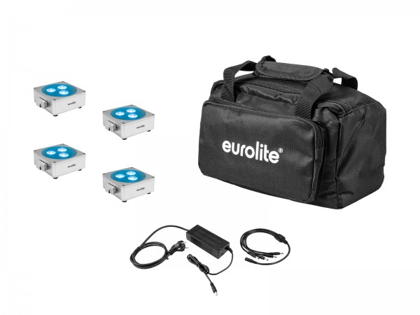 EUROLITE Set 4x AKKU Flat Light 3 sil + Ladenetzteil + Soft-Bag // EUROLITE Set 4x AKKU Flat Light 3 sil + Charger + Soft-Bag1